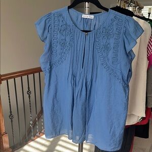Blue Pleated Flutter Sleeve Blouse